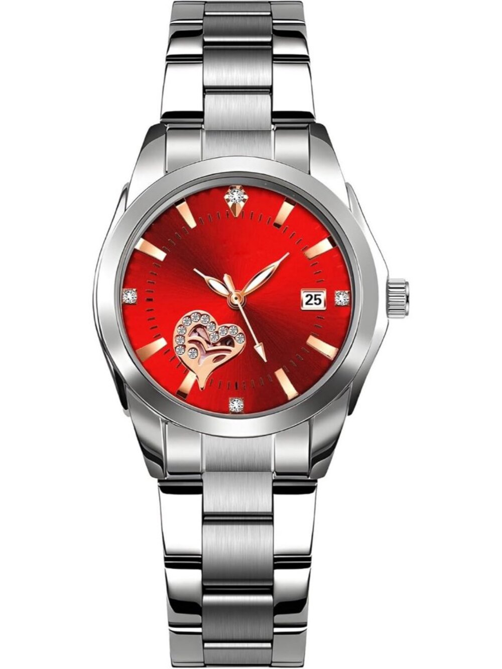 Women's Red Dial Analog Quartz Silver Stainless Steel Luminous Waterproof Watch
